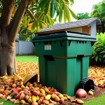 A well-maintained home composting system in a lush, green garden setting. Focus on safety and reliability, showcasing a tidy compost bin under a mango tree with fallen leaves nearby.