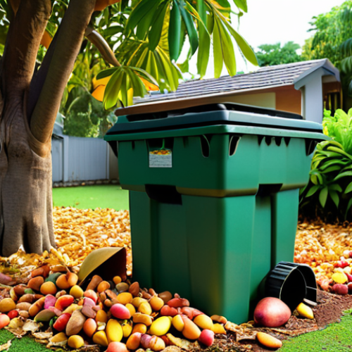 A well-maintained home composting system in a lush, green garden setting. Focus on safety and reliability, showcasing a tidy compost bin under a mango tree with fallen leaves nearby.