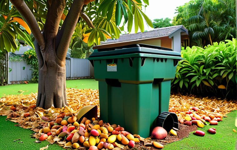 A well-maintained home composting system in a lush, green garden setting. Focus on safety and reliability, showcasing a tidy compost bin under a mango tree with fallen leaves nearby.