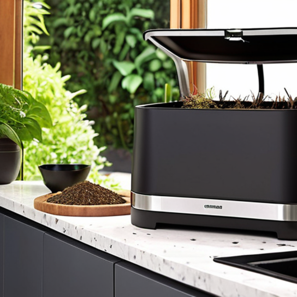 **

> A modern home composting setup. Show a rotating compost tumbler in a garden setting, alongside a vermicomposting bin with visible worms (not too graphic!), and a sleek electric composter indoors on a kitchen countertop. Focus on clean, user-friendly design.

**