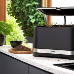 **

> A modern home composting setup. Show a rotating compost tumbler in a garden setting, alongside a vermicomposting bin with visible worms (not too graphic!), and a sleek electric composter indoors on a kitchen countertop. Focus on clean, user-friendly design.

**